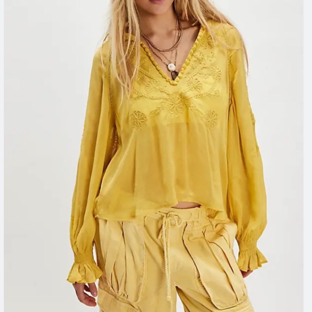 Free People Yellow Embroidered V-Neck Peasant Blouse